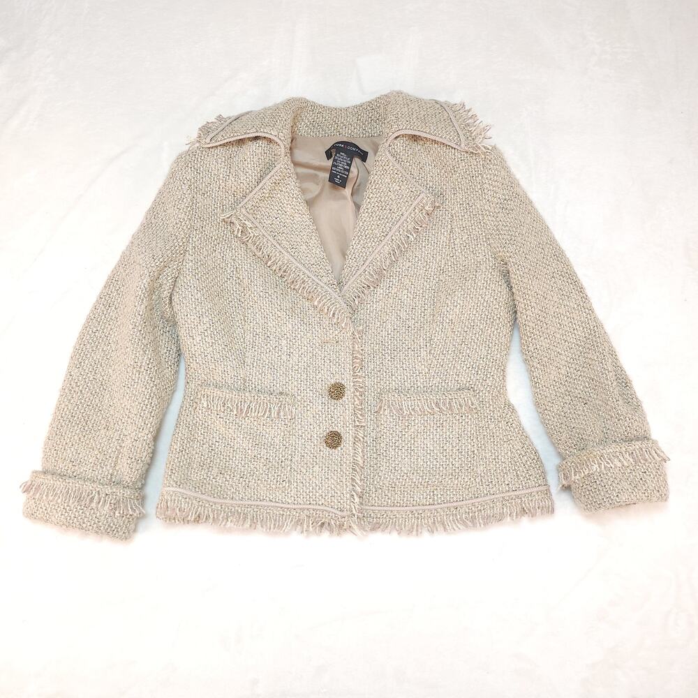 Light Academia Wool Tweed Blazer 4 Small Beige Cream Gold Fringe Notch Lapel